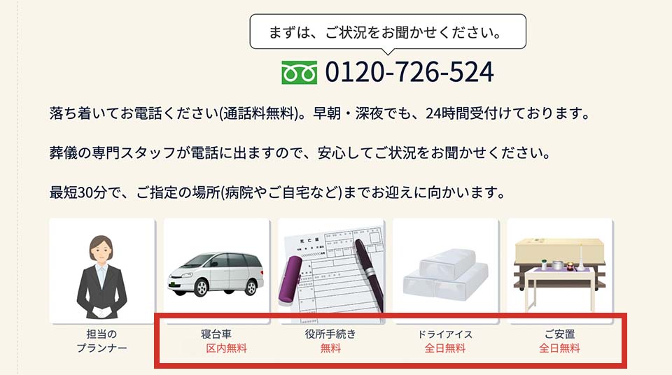 文京区家族葬 はばたきグループの強み。最短30分のお迎え、寝台車・役所手続き・ドライアイス・安置の無料サービス