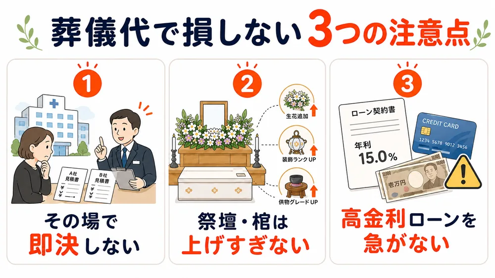 足立区で葬儀を安くする際に損しない3つの注意点(即決しない・祭壇や棺を上げすぎない・高金利ローンを急がない)の図解