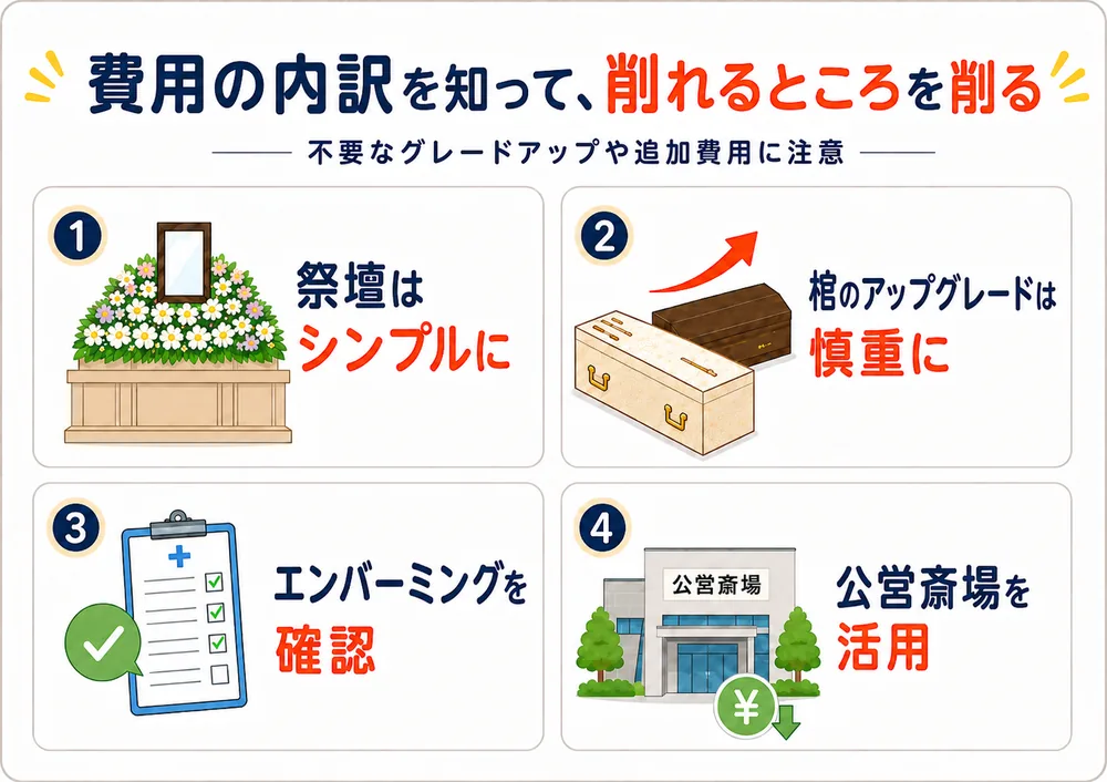 足立区で葬儀を安くするための費用内訳と削れるポイントを示す図解