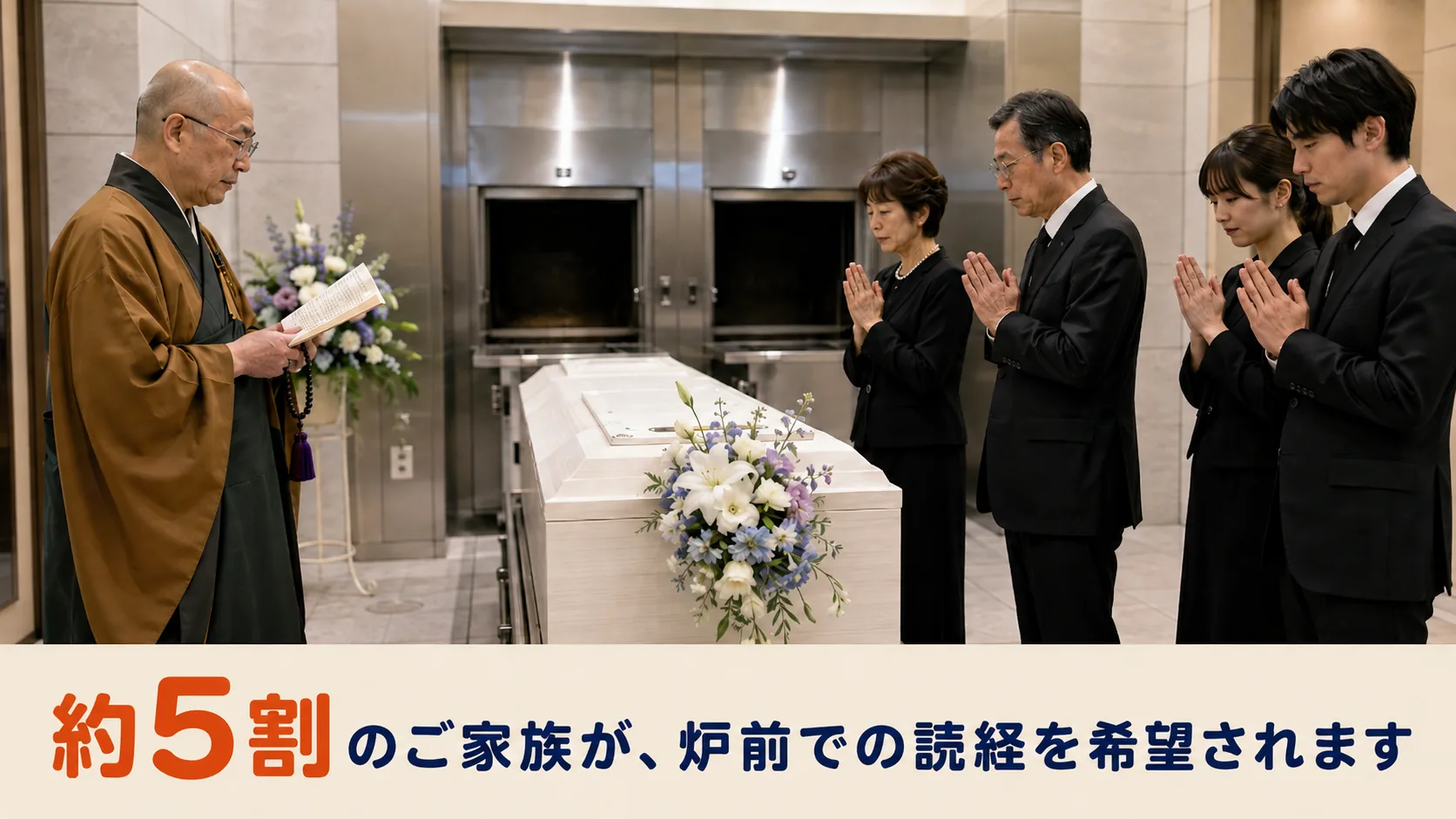火葬式の炉前読経。約5割のご家族が僧侶を呼んでいる