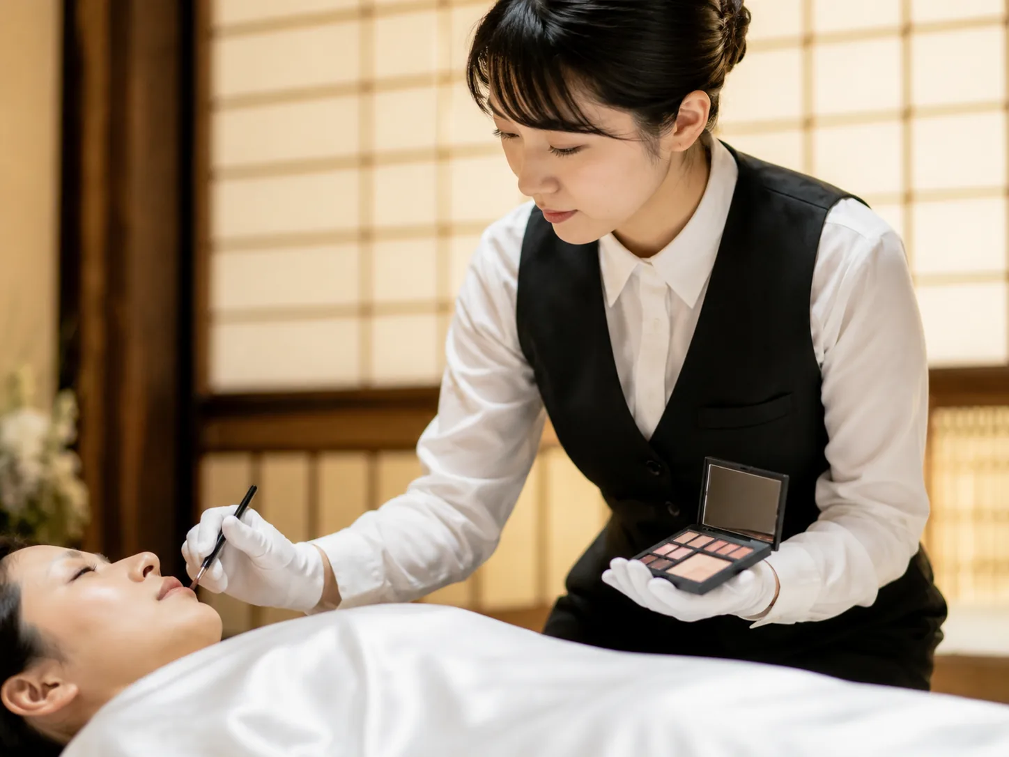 火葬式のラストメイク。葬祭スタッフが故人さまのお顔を整えている