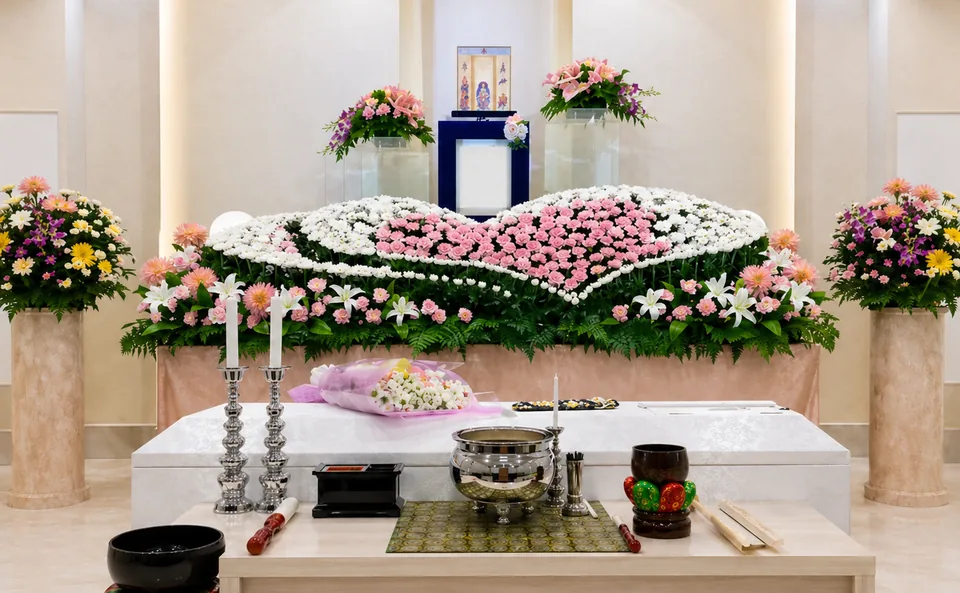 宮前区葬儀 はばたきグループが宮前区の家族葬で実際に用意した、花で飾られた祭壇
