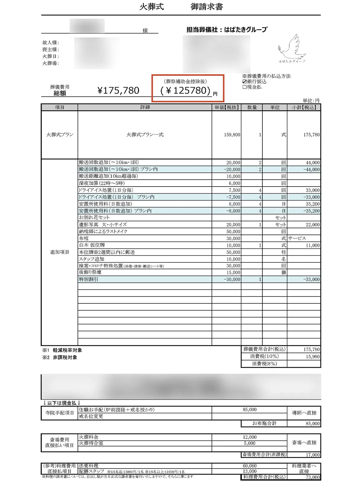 旭区葬儀 はばたきグループの葬祭費適用後の請求書事例1