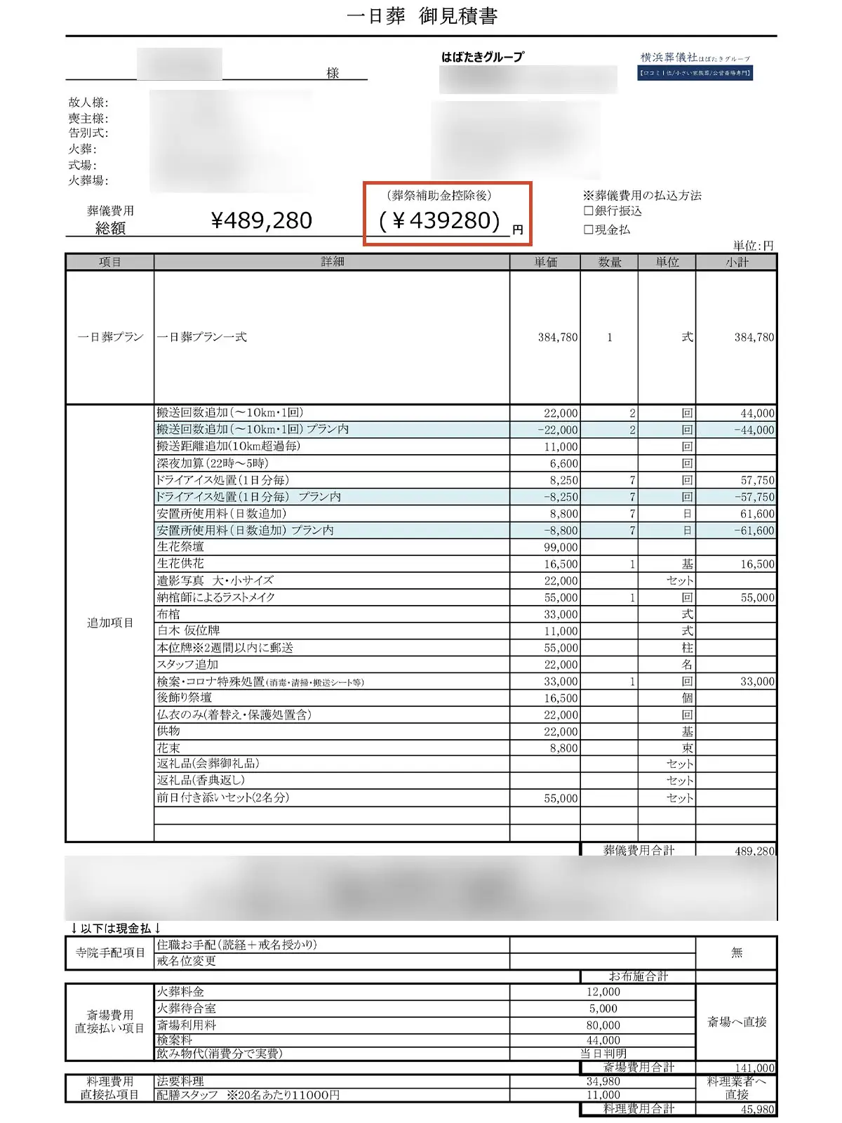 旭区葬儀 はばたきグループの葬祭費適用後の請求書事例2