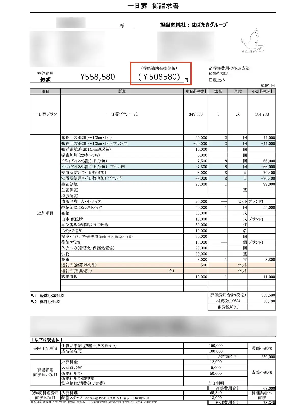 旭区葬儀 はばたきグループの葬祭費適用後の請求書事例4