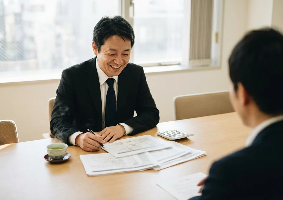 提携の資料を確認して安心した表情の葬儀社の担当者