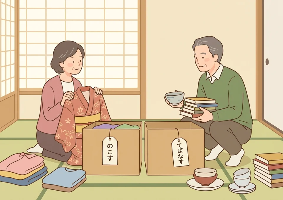 ご遺族がのこす品と手放す品を仕分けしているイラスト