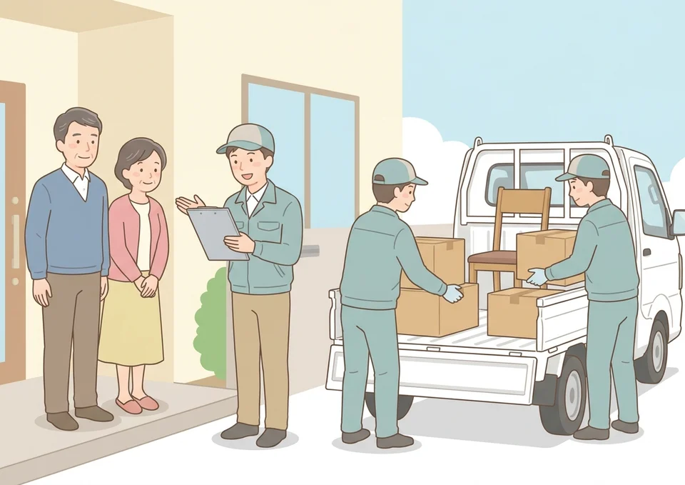 遺品整理業者のスタッフが荷物を運び出しご家族に見積書を説明するイラスト