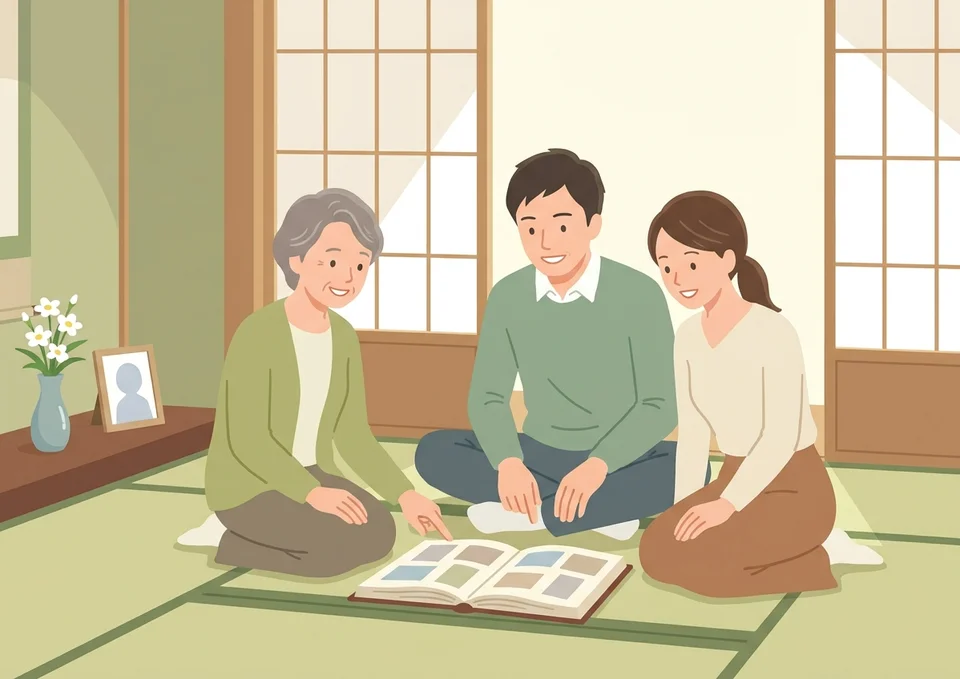 法要でご家族が集まりアルバムを開いて思い出を語り合うイラスト