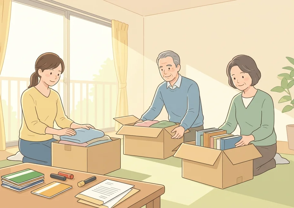 葬儀後すぐに親族が集まって遺品を段ボールにまとめている様子のイラスト