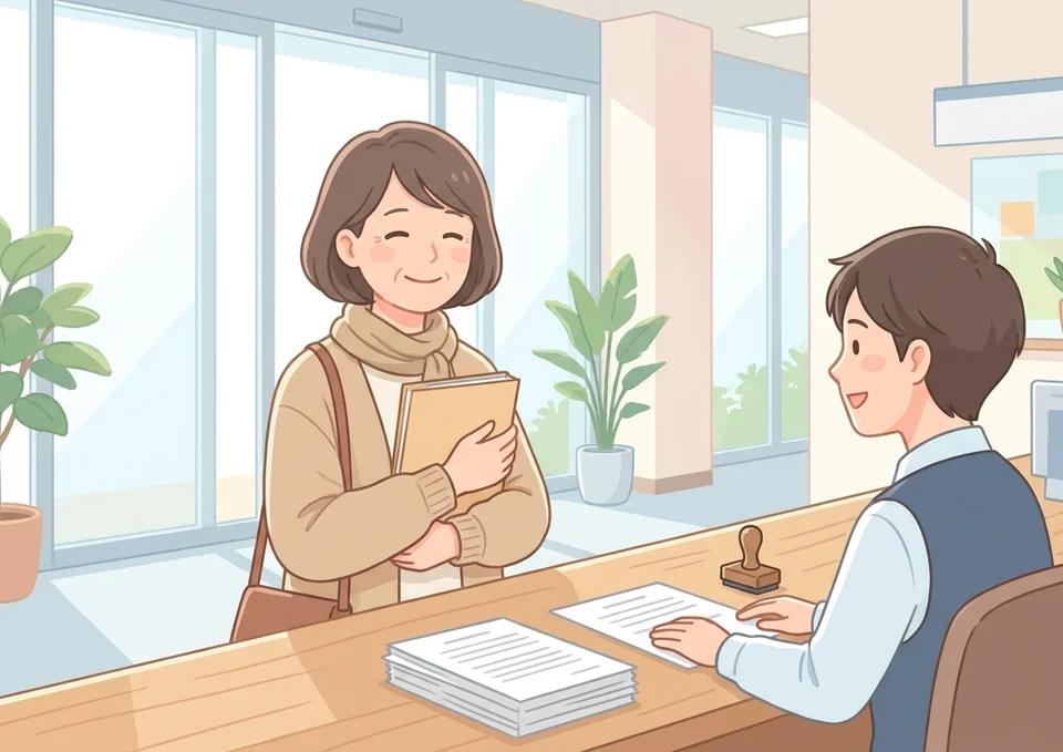 役所での届け出や年金の手続きを終えた女性のイラスト