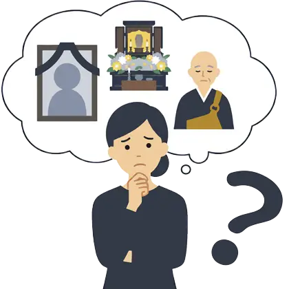 大和市周辺での葬儀内容について喪主が考えているイラスト