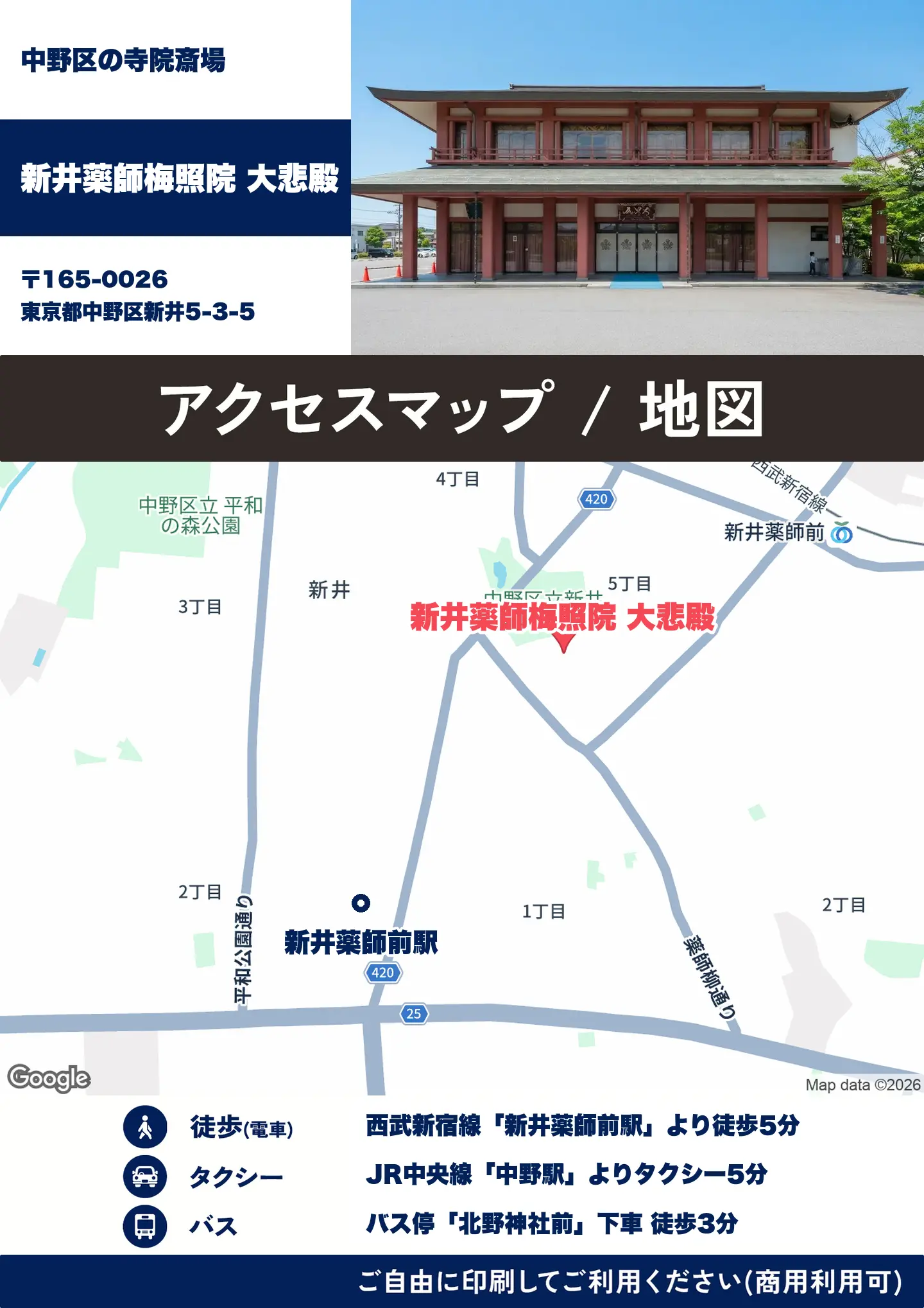 新井薬師梅照院 大悲殿の地図・アクセスマップ(商用利用可能)