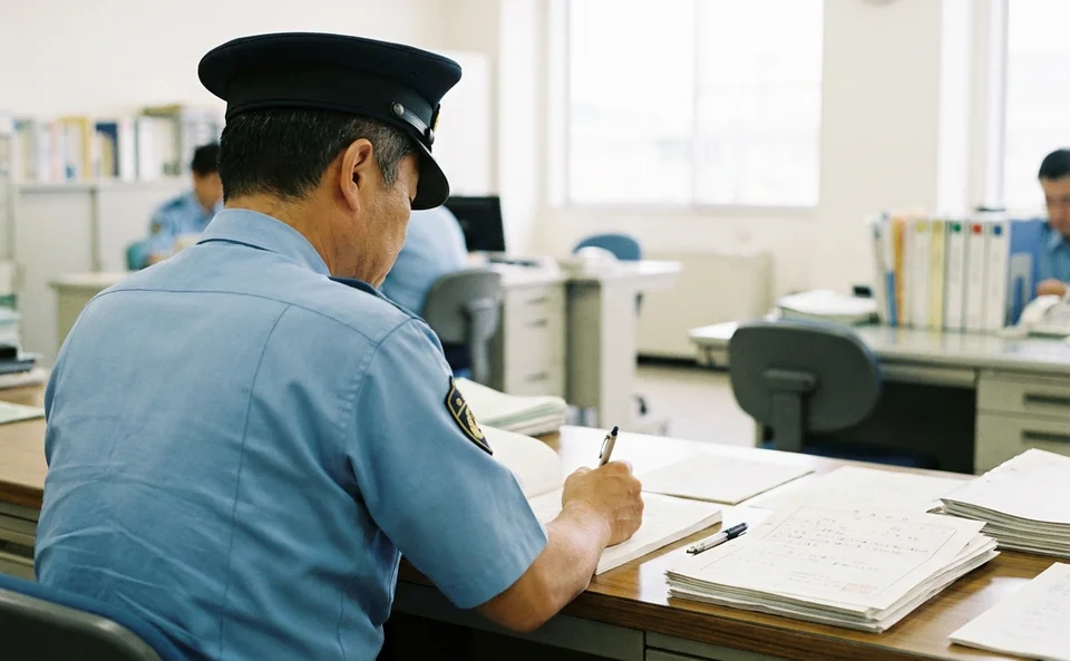 警察署で検視後の書類を作成する警察官