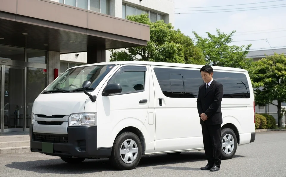 警察署前でお迎えに待機する葬儀社の寝台車とスタッフ
