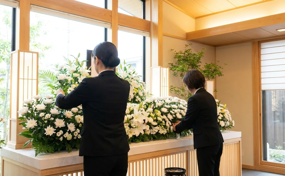 家族葬の式場で生花祭壇を準備する様子