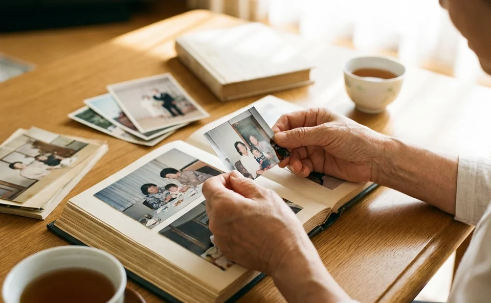 遺影用に故人の写真を選ぶ様子